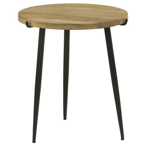 This round end table blends natural beauty with mid-century-inspired design. The solid mango wood top in a natural finish highlights its organic texture and grain patterns, adding earthy appeal. Supported by black powder-coated iron legs, the tapered and 