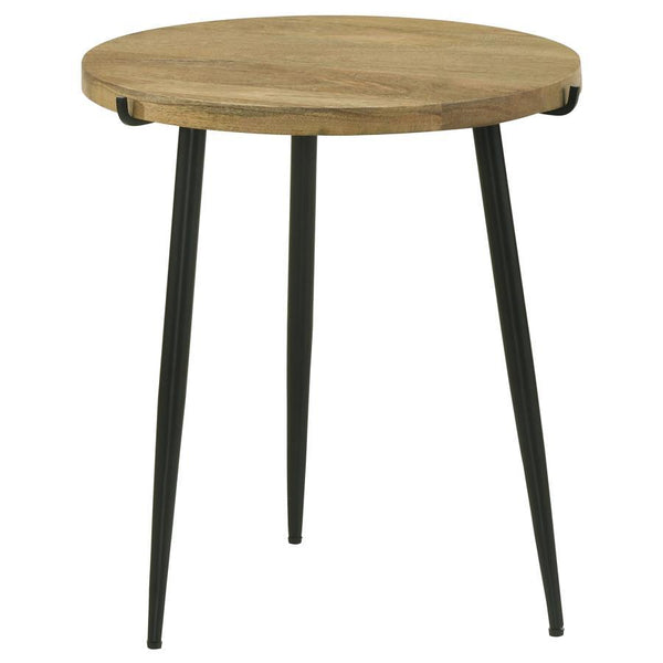 This round end table blends natural beauty with mid-century-inspired design. The solid mango wood top in a natural finish highlights its organic texture and grain patterns, adding earthy appeal. Supported by black powder-coated iron legs, the tapered and 