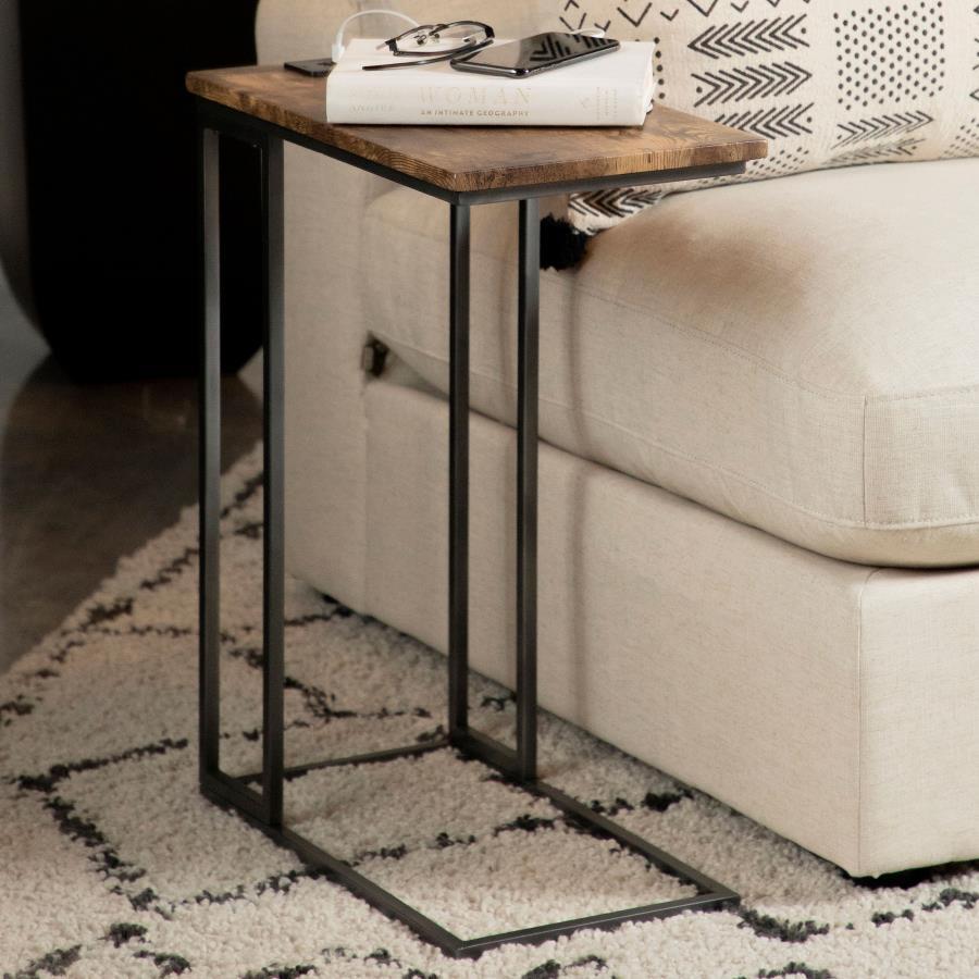 This sleek C-table combines industrial charm with modern convenience. The distressed brown top, crafted from engineered wood with a scratch-resistant laminate finish, pairs effortlessly with the sturdy metal base in a gunmetal powder-coated finish. Design