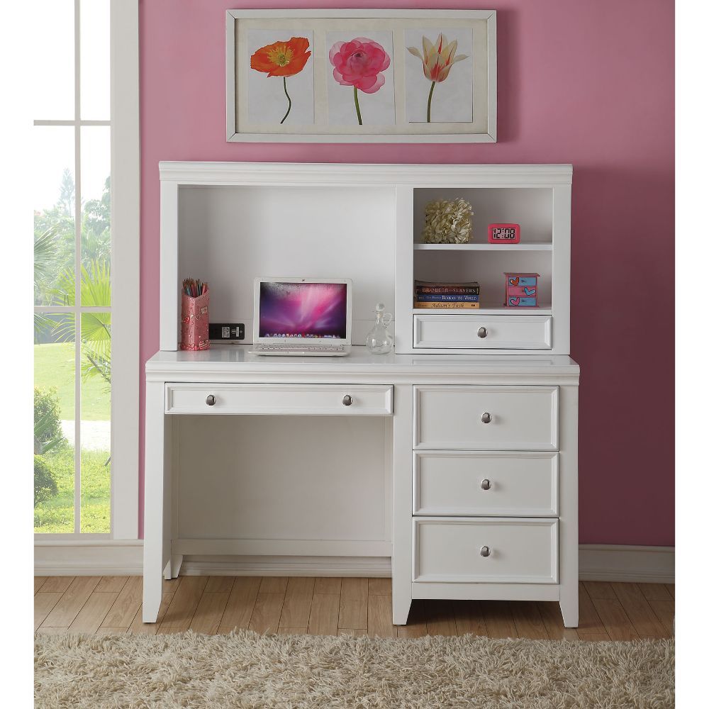 RF 3 Drw & LF Keyboard Drw (drop down front) Drw) Fronts: Raised & Recessed Paneling Drawer: GLIDE Center Wood (Bottom), DT English, Knob: Metal Nickele Wooden Tapered Leg<br/><br/><b>Product Features</b><ul><li>Case: 1Pc/1Ctn</li><li>Finish: White</li><l