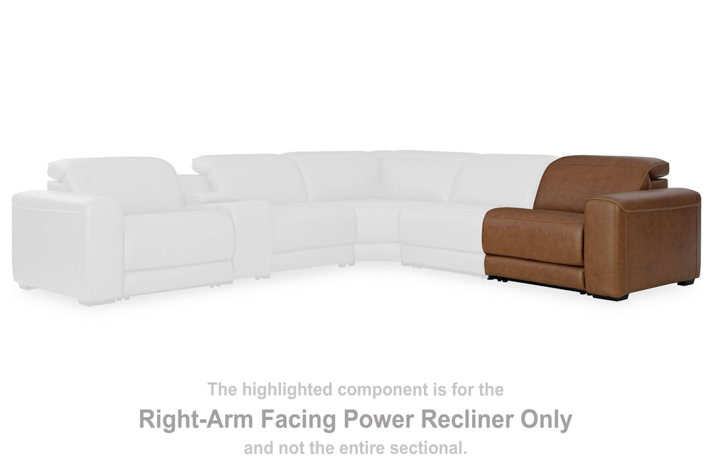 This right-arm facing power recliner is made with leather and faux leather upholstery. It pairs with other items in the series to make a modular sectional.<br><br><b>Additional Dimensions</b><br><ul><li>Seat width: 30.75-"</li><li>Seat depth: 20.75-"</li>