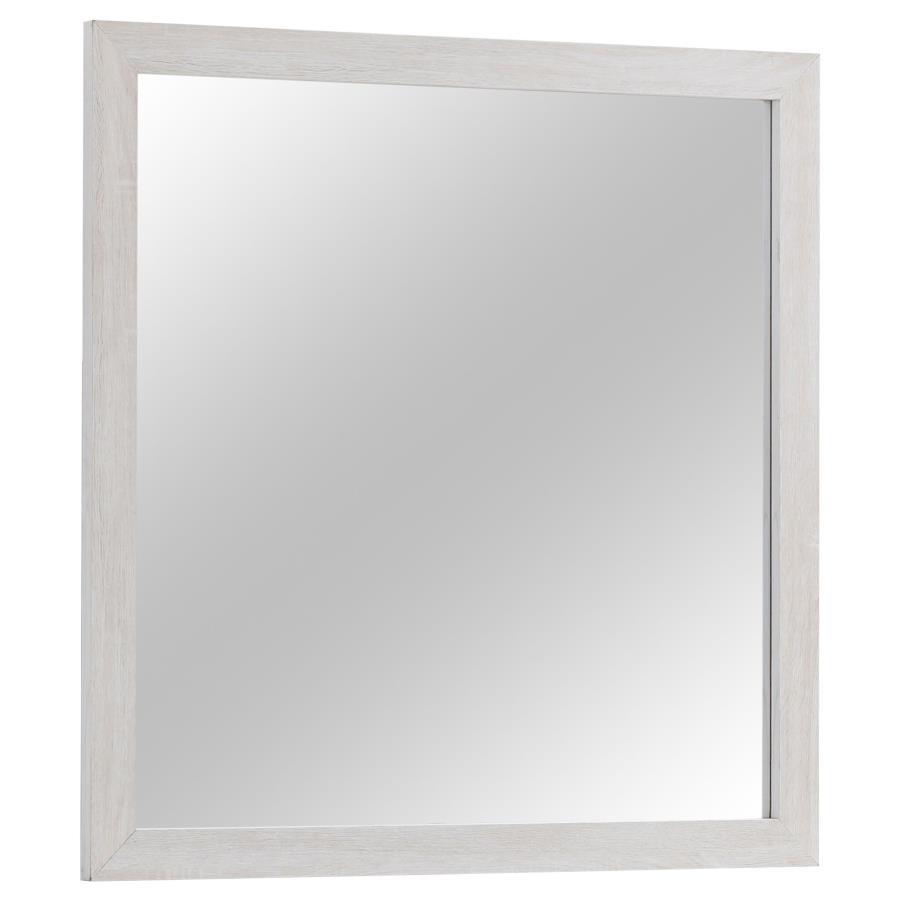 This dresser mirror offers a stylish and functional addition to any bedroom. Designed to pair with the matching dresser, its clean-lined rectangular frame enhances contemporary and modern spaces. Crafted from engineered wood with a durable laminate veneer