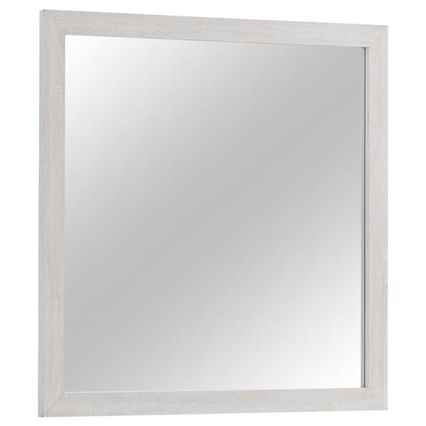 This dresser mirror offers a stylish and functional addition to any bedroom. Designed to pair with the matching dresser, its clean-lined rectangular frame enhances contemporary and modern spaces. Crafted from engineered wood with a durable laminate veneer