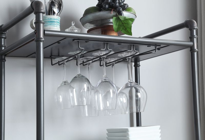 KD Metal Frame & Wooden Shelf<br/><br/><b>Product Features</b><ul><li>3 Tier Shelf</li><li>18 Bottles Capacity</li><li>Cup Holder Included</li><li>Water Pipe Style</li><li>Case: 1Pc/1Ctn</li><li>Finish: Antique Oak & Sandy Gray Finish</li><li>Style: Indus