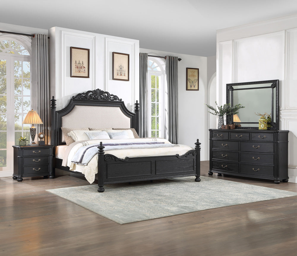 Indulge in the timeless elegance of this exquisite bedroom collection, a true embodiment of classic sophistication. Each piece is masterfully constructed with a striking charcoal finish that commands attention while accentuating the intricate detailing an