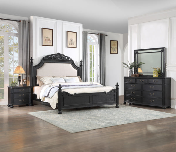 Indulge in the timeless elegance of this exquisite bedroom collection, a true embodiment of classic sophistication. Each piece is masterfully constructed with a striking charcoal finish that commands attention while accentuating the intricate detailing an
