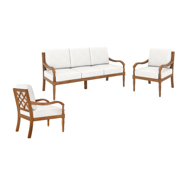 Introducing the Savannah 3 Piece Outdoor Conversation Set in White Linen, a charming addition to your outdoor living space. Crafted from FSC Certified Acacia Solid Wood, this set promises durability and eco-friendliness, ensuring years of enjoyment. The i