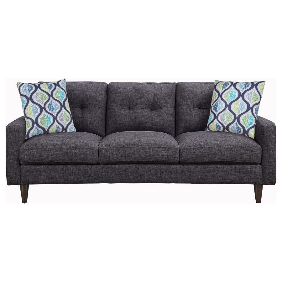 Relax on this stationary sofa that has clean lines and style that-'s sure to satisfy. Seat cushions are plush for hours of enjoyment watching anything from Netflix to the playoffs. Thick, button-tufted seat backs add timeless style as well as comfort and 