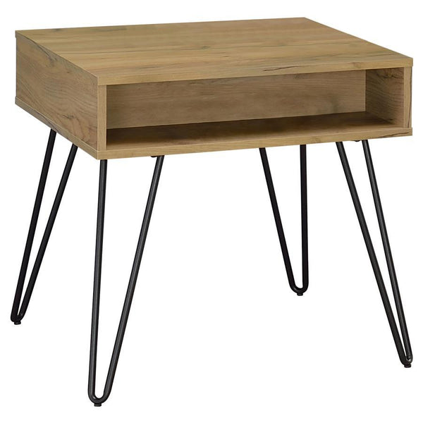 This square end table is as functional as it is stylish, featuring an open shelf for convenient storage. Made from engineered wood with a golden oak scratch-resistant, eco-friendly laminate veneer, this table ensures durability for everyday use. Its compa