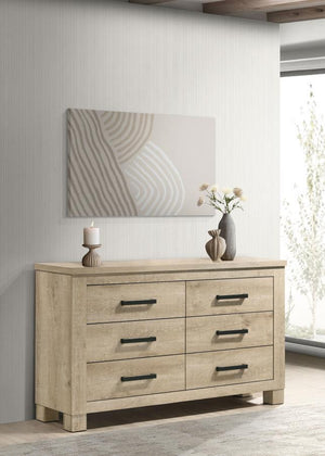  it is crafted from engineered wood with a scratch-resistant veneer for long-lasting durability. Dark bronze handles provide bold cont