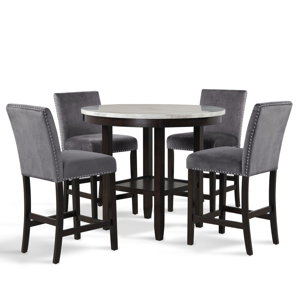The Celeste 5-Piece Counter Dining Set is an exquisite combination of modern sophistication and enduring craftsmanship. This set includes a chic 42-inch counter table with an espresso base and a faux marble top, accompanied by four stunning gray velvet ch