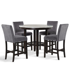 The Celeste 5-Piece Counter Dining Set is an exquisite combination of modern sophistication and enduring craftsmanship. This set includes a chic 42-inch counter table with an espresso base and a faux marble top, accompanied by four stunning gray velvet ch