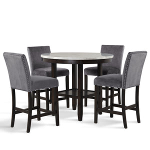 The Celeste 5-Piece Counter Dining Set is an exquisite combination of modern sophistication and enduring craftsmanship. This set includes a chic 42-inch counter table with an espresso base and a faux marble top, accompanied by four stunning gray velvet ch
