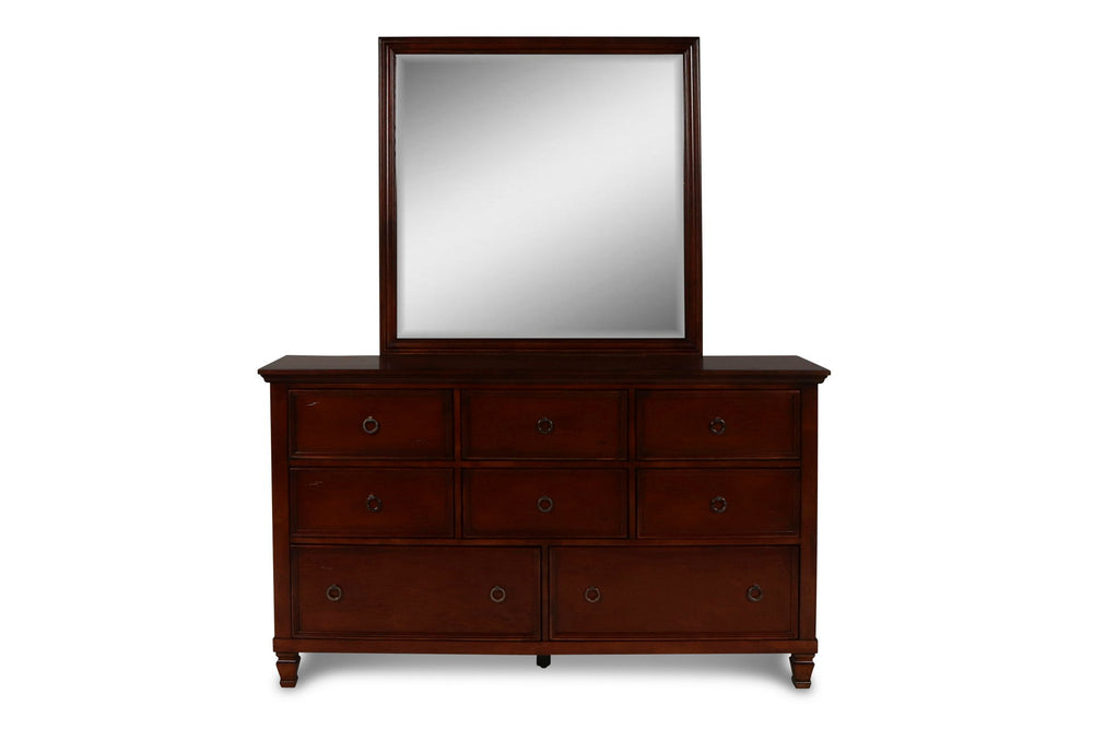 The Tamarack Mirror in brown cherry offers a perfect blend of durability and style. Crafted with a combination of solid poplar, basswood veneers, and eco-friendly manufactured wood, this mirror ensures strength and long-lasting durability. Its versatile t