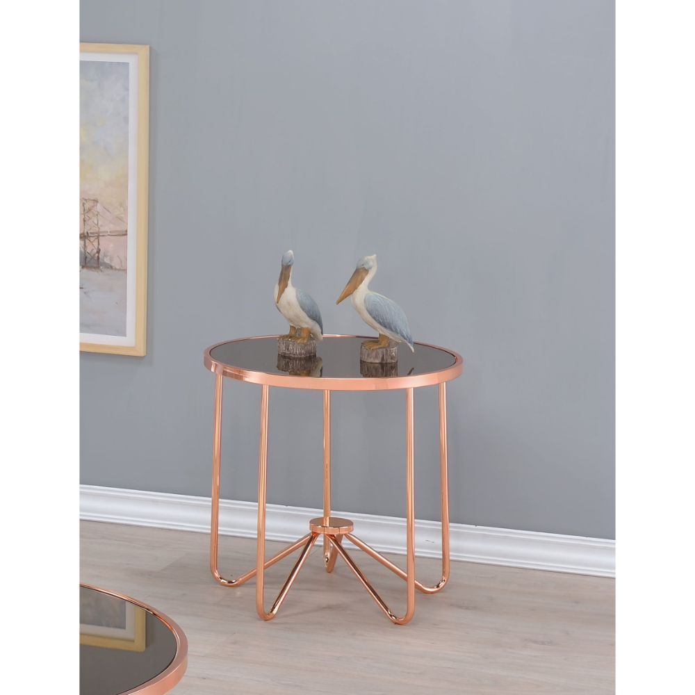 This Alivia modern occasional table brings a unique yet classy look to your living room. With effortless infusion of smoky glass and unique retro inspired rose gold metal base, this piece will naturally blend in your living room, making it a statement of 