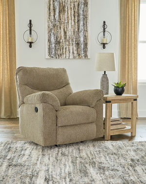  this rocker recliner invites a relaxed sensibility into your space. Its neutral upholstery has a universal appeal