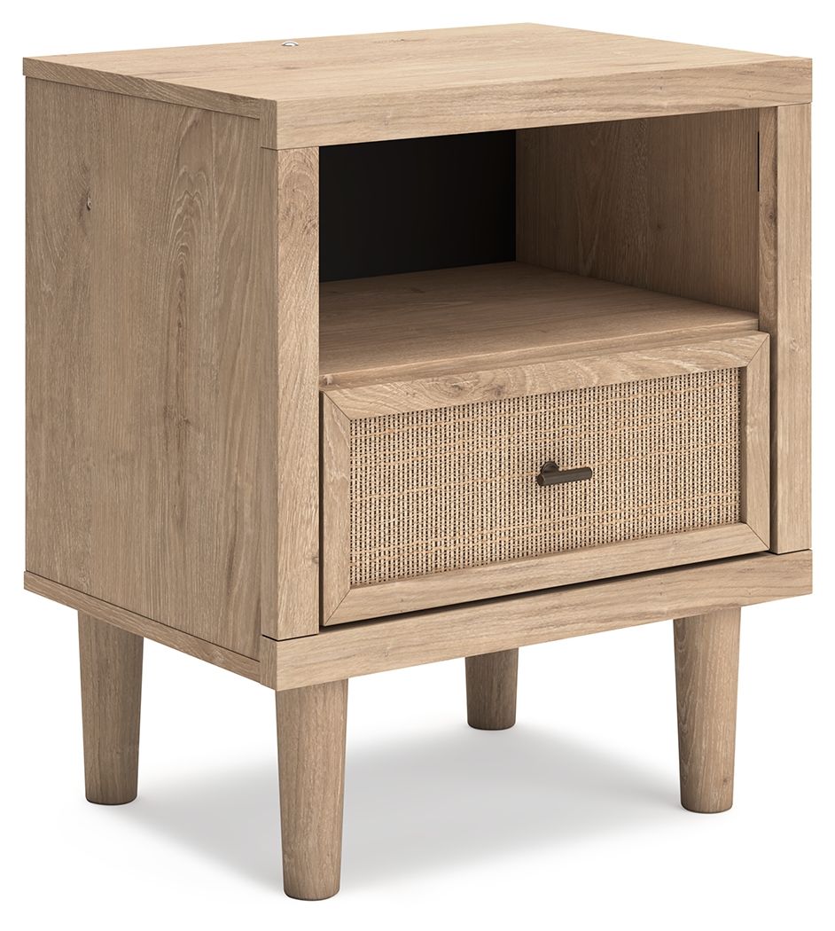 Clean-lined and contemporaryâ€”but far from starkâ€”this nightstand is a fresh style awakening. Pairing a light finish with replicated oak grain and textured beige details that replicate the look of cane, its mixed materials bring a naturally versatile vi