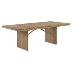 This dining table in a pearly almond finish combines modern elegance with natural textures. Crafted from oak veneer, Asian hardwood, and engineered wood, the table boasts a sturdy and stylish design. The base features striking vertical reeding side panels