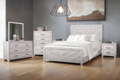 Introducing the Biscayne 6 Piece Bedroom Set, a comprehensive ensemble featuring a stylish bed, 6-drawer dresser, mirror, 5-drawer chest, and two 2-drawer nightstand. Crafted with durable manufactured wood and finished with Eco-Friendly laminated surfaces