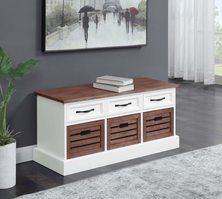 Elevate a hallway or entryway with the delicate details from this modern storage bench. With three drawers and three wooden baskets, this bench is great for storing extra linens or shoes. Rich, warm cappuccino contrasts against crisp white to create a stu