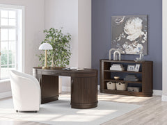 Casual contemporary design. Made with hardwood solids and veneers with MDF substrate. Finished in a rich warm brown wood tone that enhances the wood grain character. Executive style desk with an upscale design. Desk features 2 half round door cabinets wit