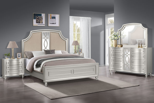 Discover the Reflection 5 Piece Bedroom Set in Silver, featuring a captivating bed, dresser, mirror, and two nightstands. Crafted with solid Pine and manufactured wood, this collection ensures enduring strength and durability. The glamorous matte silver f