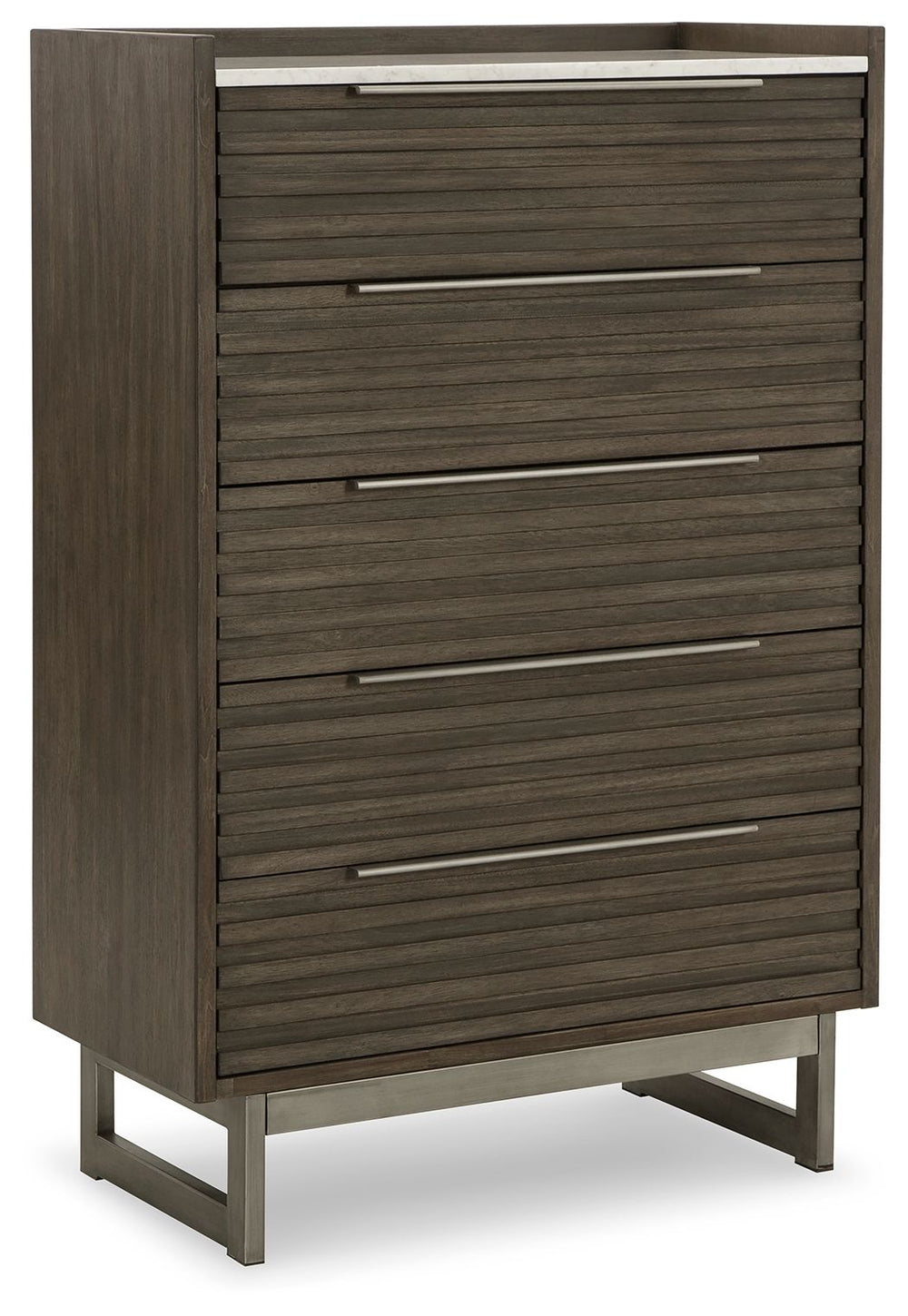 Clean lines lend sophistication and structure to this chest of drawers. Its complex rich grayish brown finish contrasts perfectly with a white marble top, while the streamlined silhouette features overlay slats to create visual interest. A metal base and 
