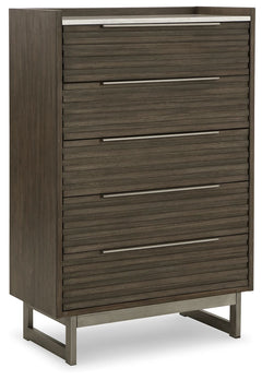 Clean lines lend sophistication and structure to this chest of drawers. Its complex rich grayish brown finish contrasts perfectly with a white marble top, while the streamlined silhouette features overlay slats to create visual interest. A metal base and 