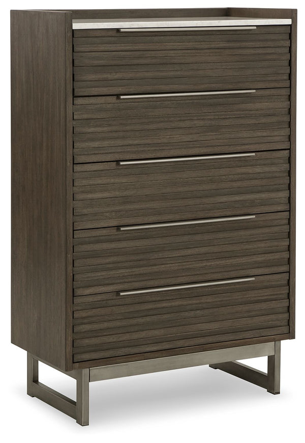 Clean lines lend sophistication and structure to this chest of drawers. Its complex rich grayish brown finish contrasts perfectly with a white marble top, while the streamlined silhouette features overlay slats to create visual interest. A metal base and 