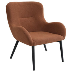 Add a touch of color to your living room seating ensemble with a modern accent armchair. Its inviting silhouette boasts prominent curves, with a rounded back and flared arms. A single line of tufting adds dimensionality to the look, while plush foam cushi