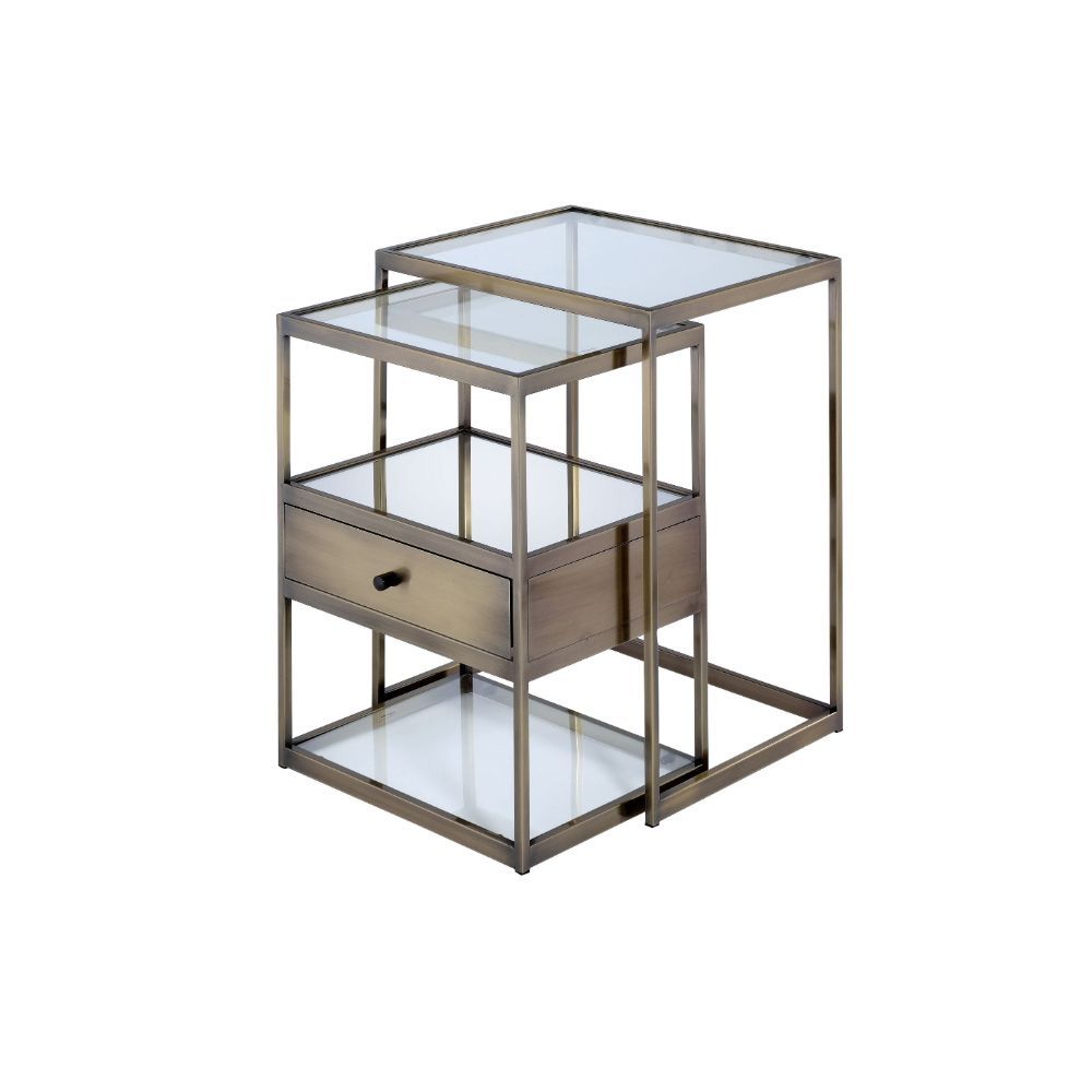 Create double the end table space with the contemporary Enca two-piece nesting tables. This trendy antique brass with clear glass set can be used next to each other in a stepped pattern to produce a beautiful showcase or used separately in different areas
