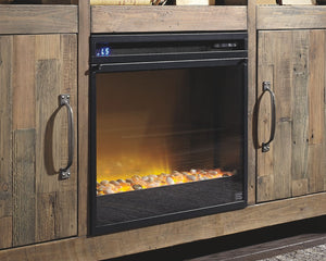  this XL TV stand with fireplace insert clearly steals the show. Its blend of acacia veneer and wood is beautified with an oiled walnut-tone finish for a highly contemporary aesthetic with grainy