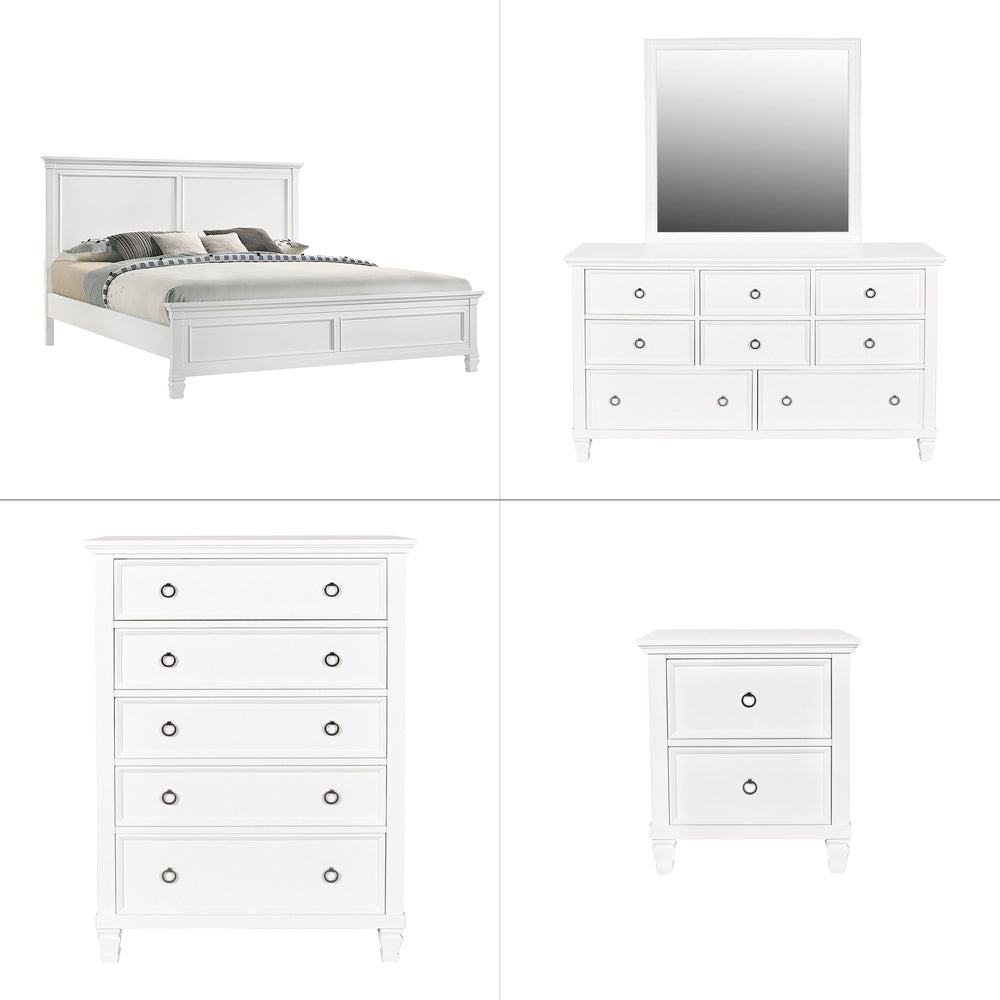 The Tamarack 5 Piece Bedroom Set in white, featuring a Panel Bed, Dresser, Mirror, Chest, and Nightstand, is a remarkable blend of durability and style. Built with solid poplar, basswood veneers, and eco-friendly manufactured wood, this set promises stren