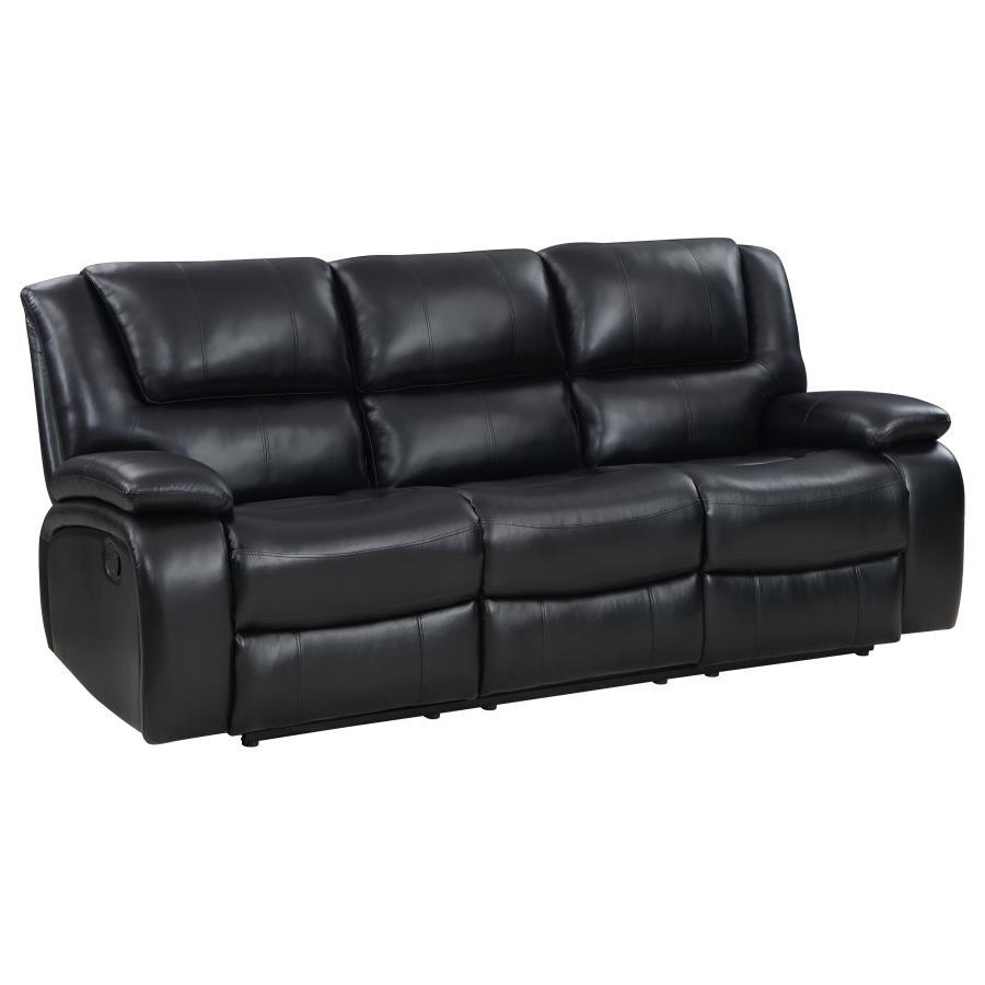 Bold black leatherette upholstery offers the look of luxurious leather with easy-care maintenance as the motion sofa is versatile and beautiful. Living rooms, family rooms, and media venues become comfort zones with the plump feel and clean design of a cl