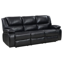 Bold black leatherette upholstery offers the look of luxurious leather with easy-care maintenance as the motion sofa is versatile and beautiful. Living rooms, family rooms, and media venues become comfort zones with the plump feel and clean design of a cl