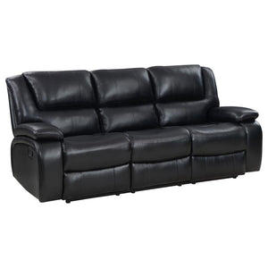 Bold black leatherette upholstery offers the look of luxurious leather with easy-care maintenance as the motion sofa is versatile and beautiful. Living rooms, family rooms, and media venues become comfort zones with the plump feel and clean design of a cl