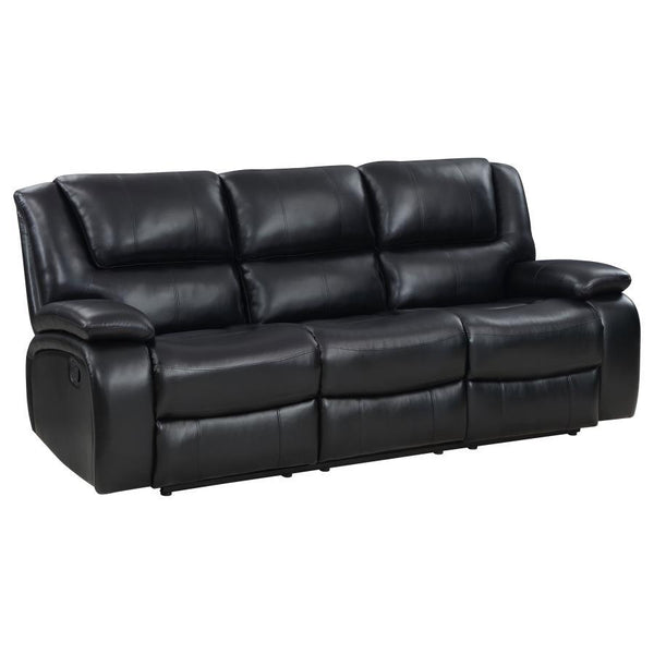 Bold black leatherette upholstery offers the look of luxurious leather with easy-care maintenance as the motion sofa is versatile and beautiful. Living rooms, family rooms, and media venues become comfort zones with the plump feel and clean design of a cl