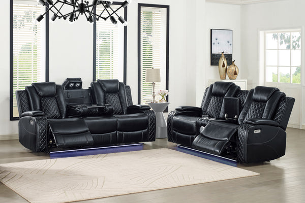The Orion II 2-Piece Power Dual Reclining Sofa and Reclining Console Loveseat with Adjustable Headrests in Black is built for ultimate comfort and durability. Constructed with a sturdy frame of hardwoods and manufactured wood, it ensures strength and long