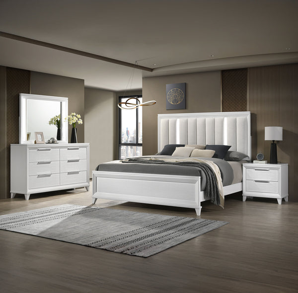 This bedroom set is the epitome of modern elegance, designed for those who desire a sleek and sophisticated sleeping environment. The crisp white finish of the furniture brings a refreshing vibrancy to the room, making it feel both spacious and inviting. 