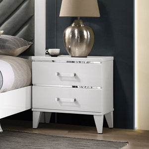 Explore modern simplicity that easily improve your overall aesthetic. The contemporary lines of this nightstand works perfectly with the temping finish, while decorative sliver trims add depth and reflect light. It offers two storage drawers with clear ac