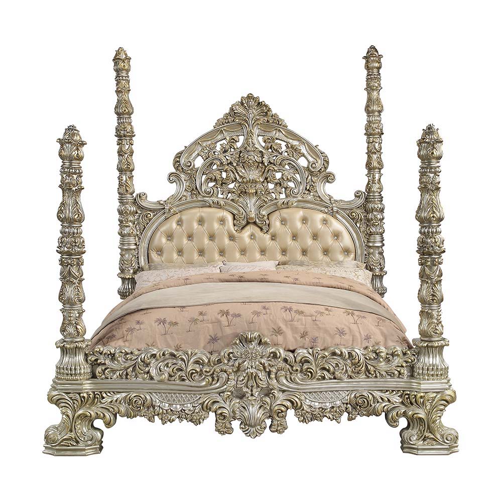 Feast your eyes upon the decadence and true luxury of the Danae collection of furniture! This striking bed defines opulence! Created to make a statement, this regal bed invites you to hold court in its divine carved curves and details. The Champagne finis