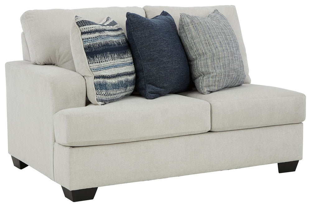 This left-arm facing loveseat is made with polyester upholstery. Pairs with other items in the series to make a sectional.<br><br><b>Additional Dimensions</b><br><ul><li>Arm height: 26-"</li><li>Seat depth: 21-"</li><li>Seat height: 21-"</li><li>Top of cu