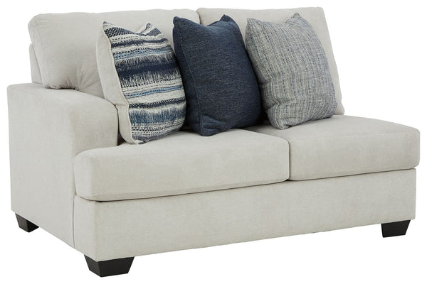 This left-arm facing loveseat is made with polyester upholstery. Pairs with other items in the series to make a sectional.<br><br><b>Additional Dimensions</b><br><ul><li>Arm height: 26-"</li><li>Seat depth: 21-"</li><li>Seat height: 21-"</li><li>Top of cu