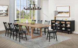 This ten-piece dining set is designed to elevate your dining experience with exceptional style and functionality. Featuring an extendable dining table with two removable leaves, it provides ample space for both everyday meals and larger gatherings. Comple