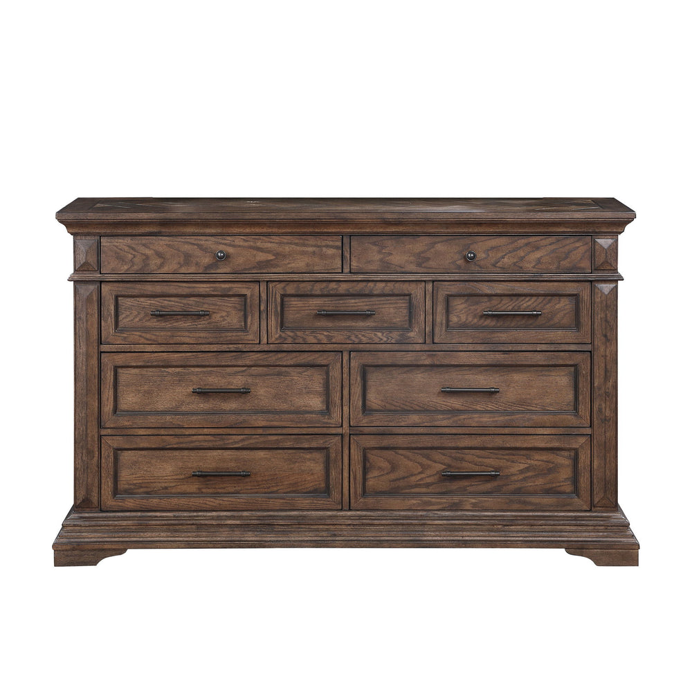 Discover the Mar Vista Dresser, a testament to craftsmanship and design. Constructed with solid Rubberwood and Oak veneers, this dresser promises durability and a robust presence in any room. The rich walnut finish, achieved through meticulous distressing