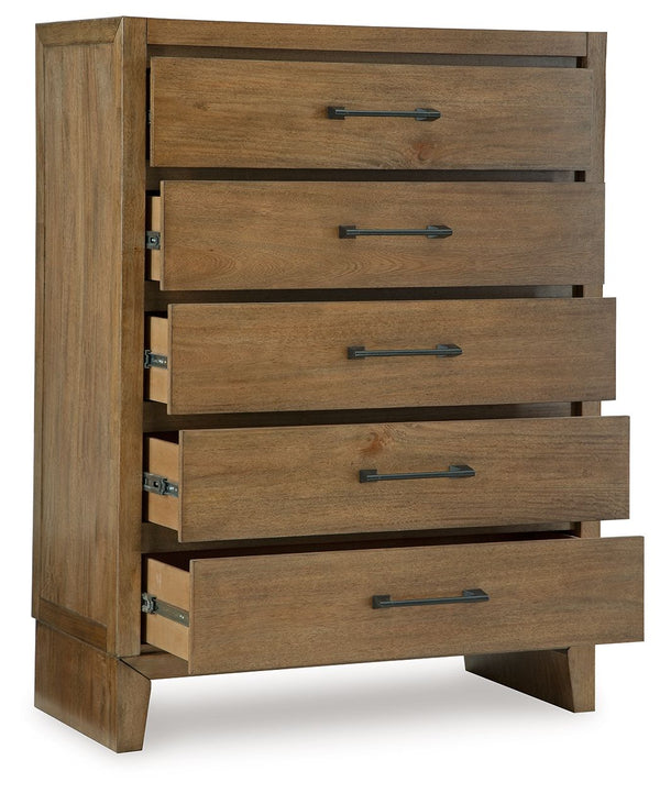  blending relaxed contemporary design with a trendy allure. The spacious drawers are accented with stylish metal drawer