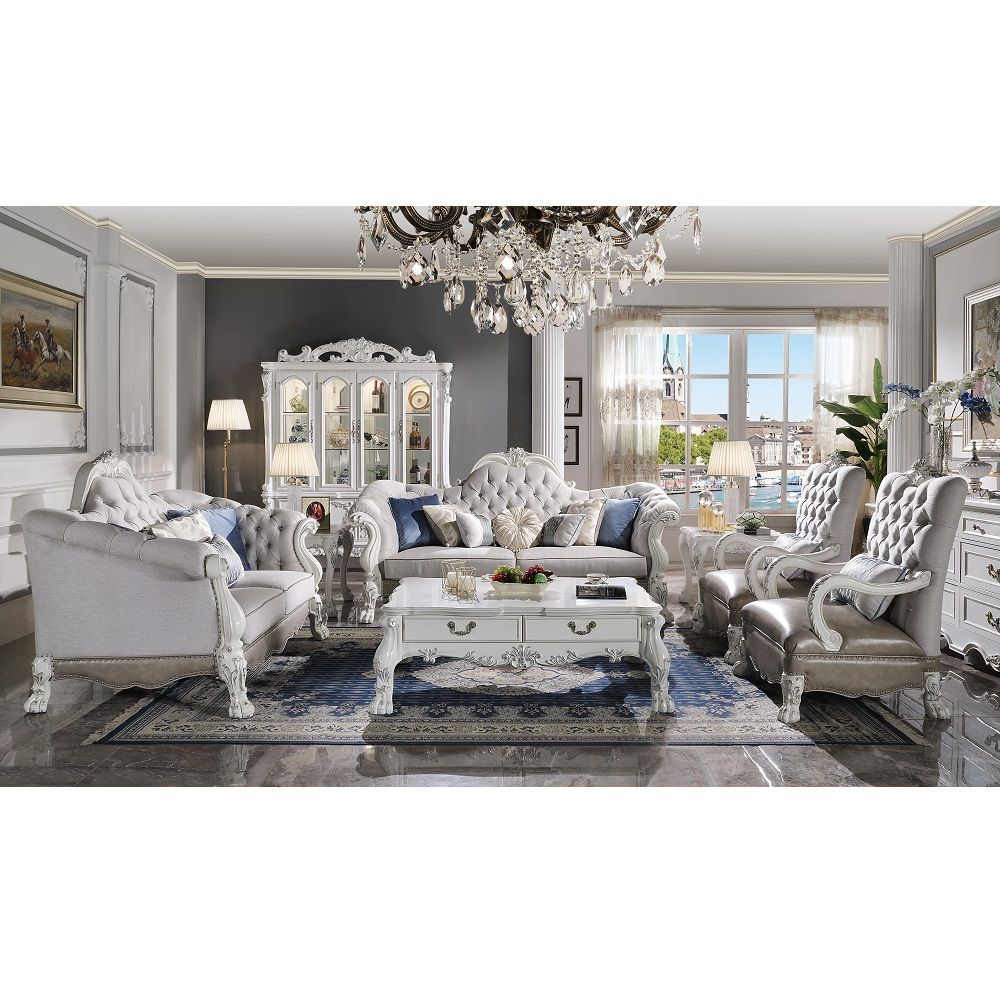 Assembled, with 7 Pillows Floral Scrolled Crown & Front-Arm Trim with Antique Brush, Nailhead Trim (Armrest & Base) Backrest Style: Arched (Crystal like Button Tufted) Tight Back & Loose Seat Cushion (1+2) CONSTRUCTION: Pocket Coil Seat