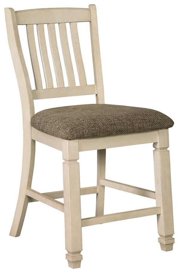 The beauty of this upholstered bar stool is something to savor. Designed to serve up comfort and flair, this rake-back bar stool entices with a cushioned seat covered in a heavy woven fabric that complements the antiqued white finish.<br><br><b>Additional