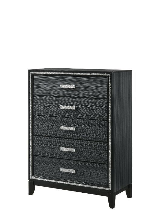 Classic design with touches of modern aspects makes this Haiden Chest ideal for any bedroom. The piece offers a rectangular table top and five storage drawers for displaying or organizing. It also features a glamorous shimmering silver accent trim that ad