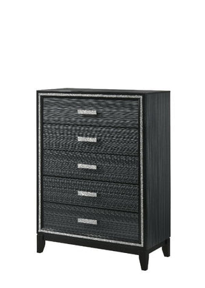 Classic design with touches of modern aspects makes this Haiden Chest ideal for any bedroom. The piece offers a rectangular table top and five storage drawers for displaying or organizing. It also features a glamorous shimmering silver accent trim that ad